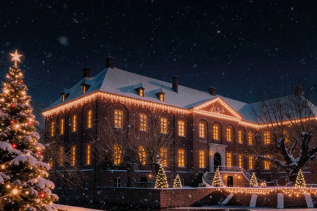 Weihnachtlich beleuchtetes Schloss in Arcen mit geschmücktem Christbaum im Schnee