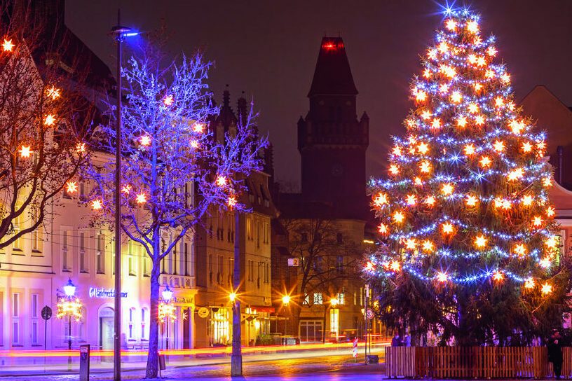 Weihnachtlich beleuchteter Altmarkt in Cottbus mit großem Christbaum